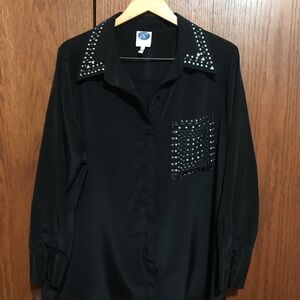 NWOT HSN Diane Gilman Size 1X 18/20 Black Studded Button-Up Shirt Top Blouse